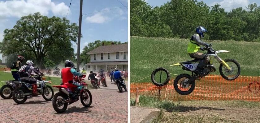 A group of riders on motorcycles is seen on the left, while a motocross rider is captured mid-jump on the right.