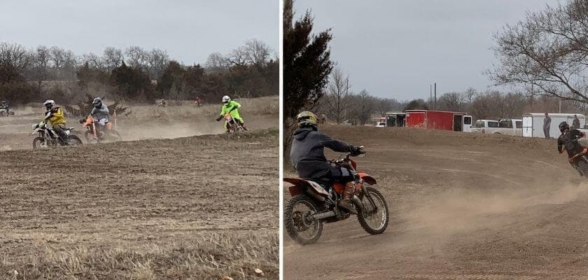 Two images of riders racing dirt bikes on a dusty track.