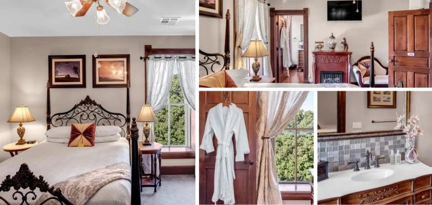 Collage of the Flint Hills Suite featuring a queen bed, fireplace, window views, bathrobes, and an elegant bathroom vanity.